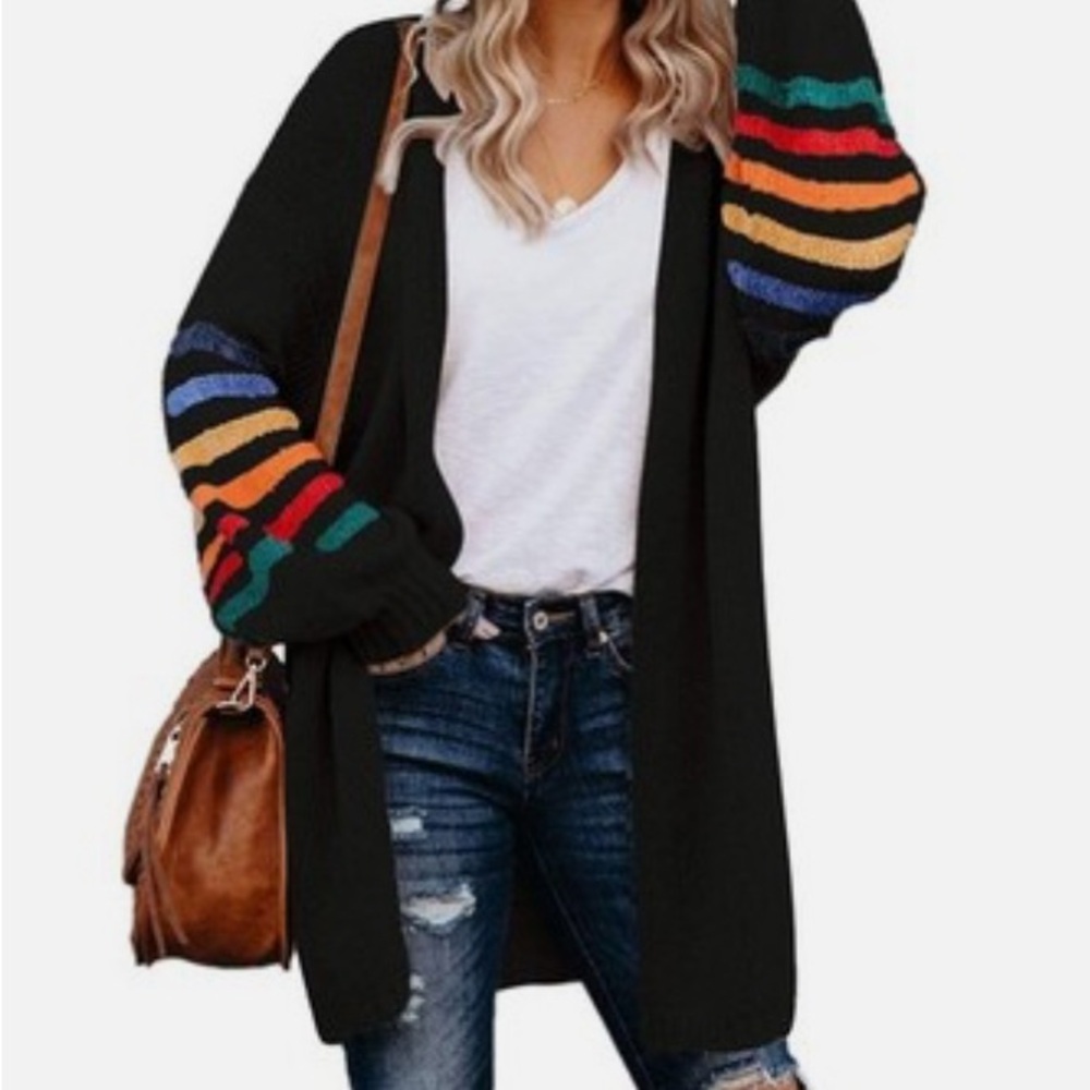 NWT Dokotoo Women's Long Open Front Cardigan Colorful Striped Sleeves Size Small
